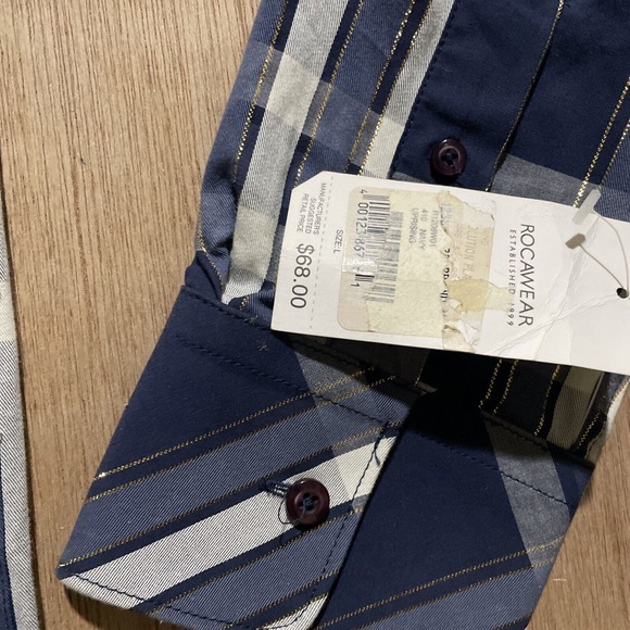 RocaWear Classic Shirt Mens Lg Blue Red‎ Plaid Gold Stitching Button Long Sleeve - Picture 3 of 8